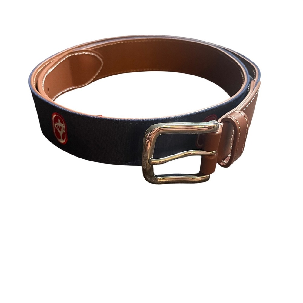Roostas Mens Navy Blue Embroidered Trophy Crest Canvas Leather Belt Size 38 - Picture 2 of 7